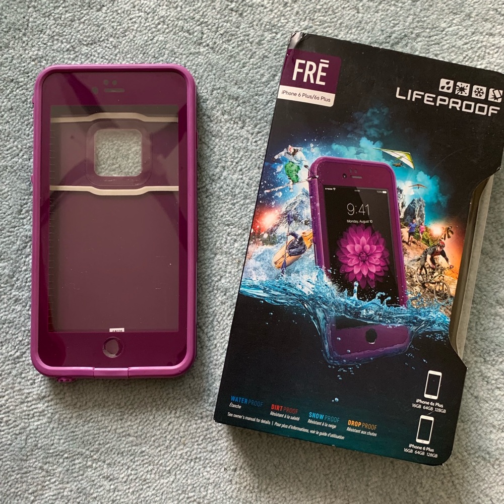 Purple Lifeproof case with AUX adapter.